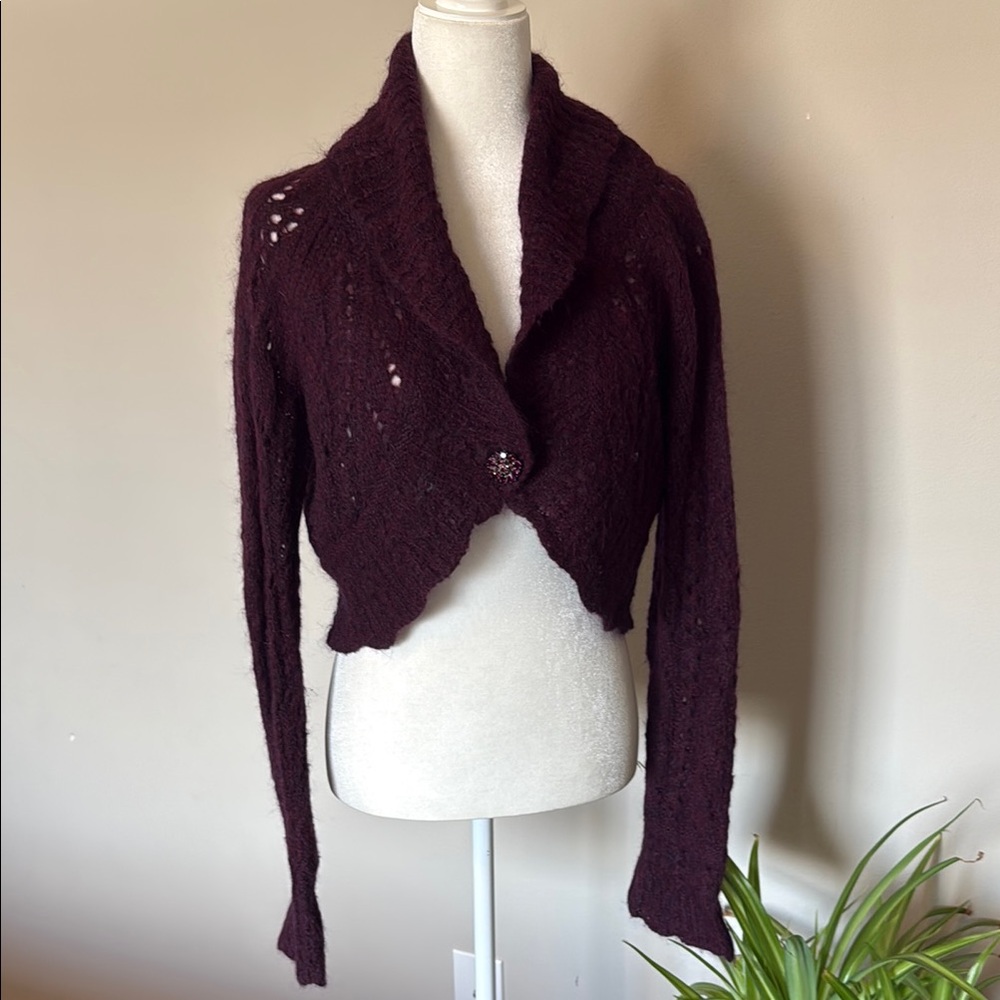 LOFT Plum Cropped Openwork Knit Shrug